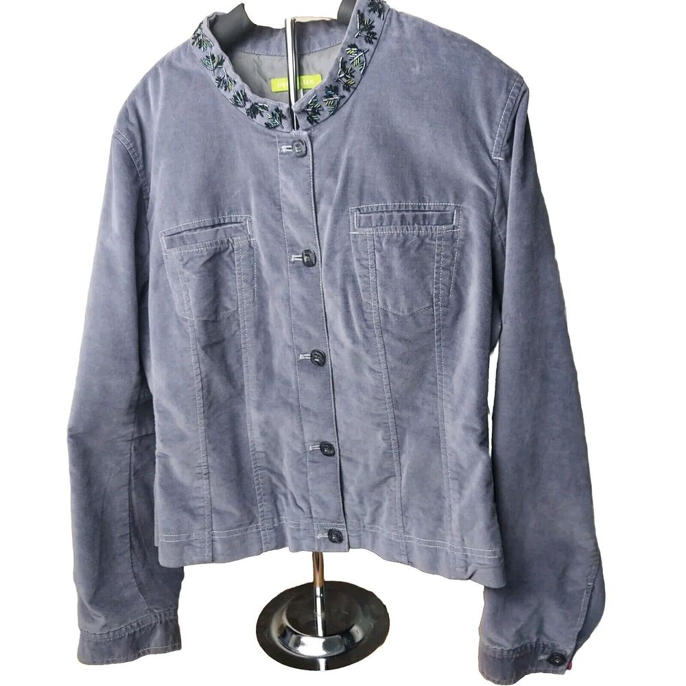 Sigrid Olsen Woman's Jacket Size 16 Blue Blazer Beaded Collar Accents Pockets
